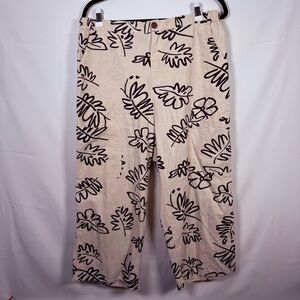Vintage Wide Leg Capris‎ Linen Cotton Blend Print Pockets Women’s Large Cropped